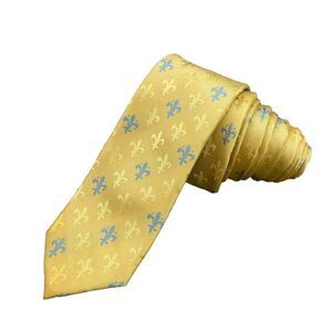 Firenze Mens 100% Silk Neck Tie Yellow Fleur De Lis All Over Print Corpcore Work